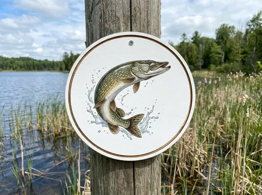 Prompt: A white circle displaying a northern pike fish leaping through the air
