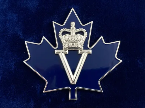 Prompt: A silver Roman number V topped by the Royal Crown of Canada, all on a dark blue maple leaf trimmed in silver.