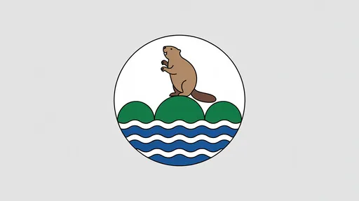 Prompt: A white circular badge with a wavy blue base divided by two white wavy lines in the heraldic display of water; rising from the base, three green mounds from which a beaver stands erect facing the viewer.