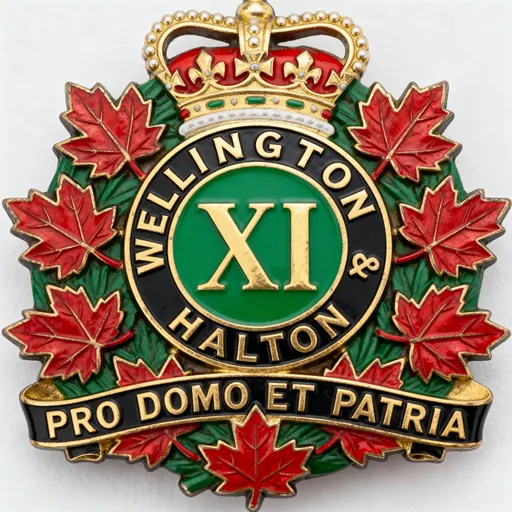 Prompt: A black annulus trimmed in gold marked WELLINGTON & HALTON in gold, it surrounding the Roman number XI in gold on a green field, the whole placed on a wreath of eleven maple leaves in red. A black motto scroll trimmed in gold marked PRO DOMO ET PATRIA in gold is laid out under the annulus. The whole badge is topped by the Royal Crown.