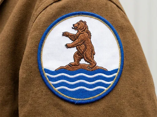 Prompt: A white circular badge with a blue wavy base crossed by white wavy lines marking a heraldic river, on a brown shore over the base, a grizzly bear standing upright on its hind legs like a person, walking from the viewer's right to left