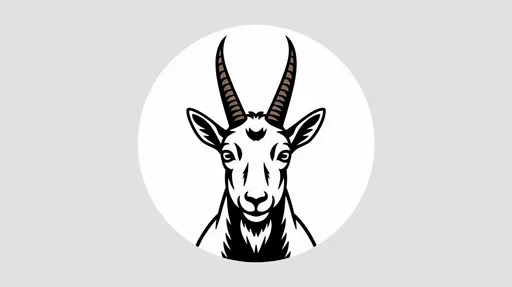 Prompt: A white circle with the head of a mountain goat gazing directly at the viewer.
