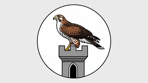 Prompt: A white circle displaying a hawk in natural colours resting on a gray castle turret