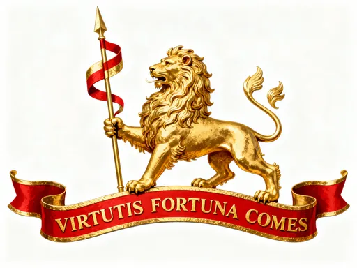 Prompt: A gold lion rearing on its hind legs facing to the left, grasping in its right forepaw a lance bearing a swallowtail pennon divided lengthwise red over gold; the whole nestled on a red scroll trimmed in gold, VIRTUTIS FORTUNA COMES written in gold on the scroll.