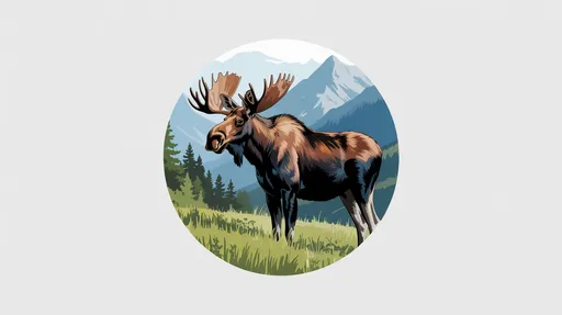 Prompt: A white circle displaying the image of a moose facing the viewer's left, it standing on a grassy field with mountains in the background