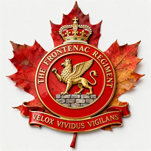 Prompt: An annulus in red trimmed in gold, with the words THE FRONTENAC REGIMENT in gold on same written clockwise from lower left, said annulus encompassing the image of a griffin standing on a stone wall, facing the viewer's left with right forepaw raised, the annulus topped by the Royal Crown, with the whole badge placed on a natural maple leaf in autumn red, a scroll in red trimmed in gold under the annulus, with the words VELOX VIVIDUS VIGILANS in gold on same.