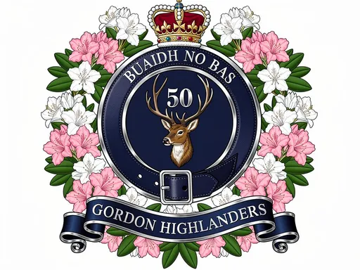 Prompt: A Scottish clanb crest belt in dark blue trimmed silver, the motto BUAIDH NO BAS in silver on the upper arc, the Royal Crown of Canada atop the loop; within the belt loop, a dark blue field bearing a deer's head facing left with full antlers, the number 50 in silver between the antlers; the belt rests on a wreath of rhododendron flowers in spring splendor; at the base of the wreath, a scroll in dark blue trimmed silver, GORDON HIGHLANDERS written on same in silver.