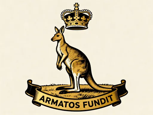 Prompt: A kangaroo standing erect on a field looking to the viewer's left, the Royal Crown of Canada over the kangaroo's head, that over a deep gold scroll trimmed in black, ARMATOS FUNDIT written on it in black.