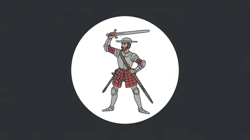 Prompt: A white circular badge bearing the image of Don Quixote standing in full armor, sword held high