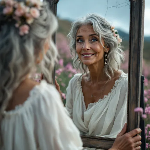 Prompt: confident old woman with wrinkles with flowing gray hair, warm blue eyes, wearing a white flow gown with flowers in her hair genuine smile looking into a tall cracked  mirror in the flowering hillside cinematic lighting professional photography style