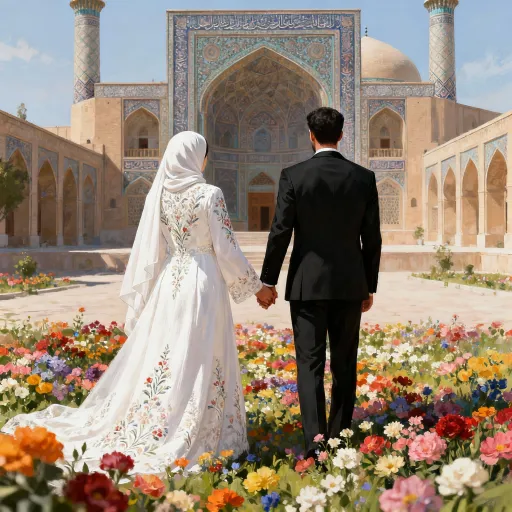 Prompt: A realistic digital painting of a Muslim bride and groom standing hand in hand, facing away from the camera, looking at Jamkaran Mosque in Iran. The bride wears a white embroidered dress with a modest hijab, and the groom wears a sharp black suit. The ground is covered with real, vibrant flowers. The scene is bathed in natural light, with a serene and romantic atmosphere, highly detailed and realistic.