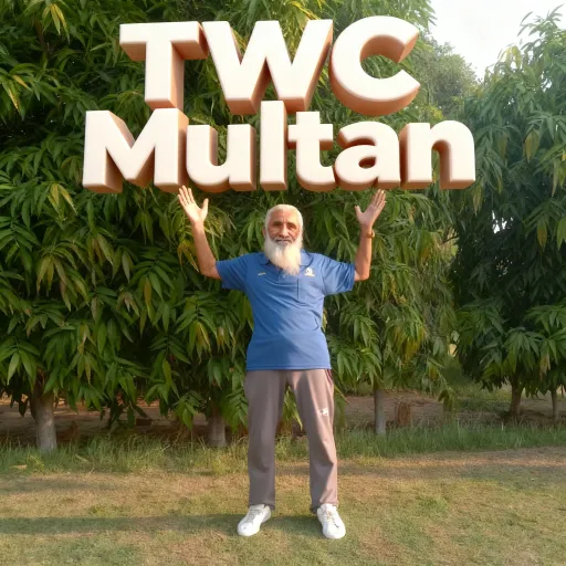 Prompt: large 3d text "TWC Multan" floating above of this old man head and in center of his both hands in thin air