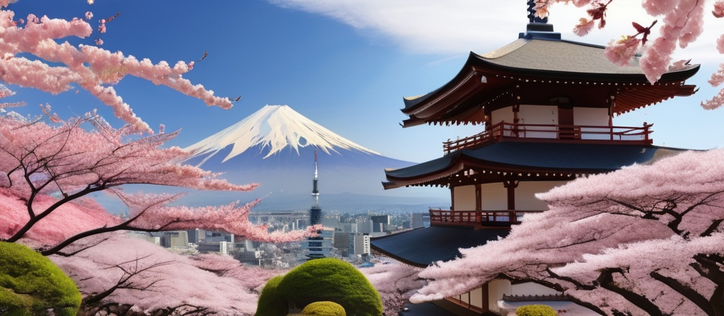 Prompt: Tokyo, Japan, traditional street with temples, cherry blossom in full bloom, Mount Fuji in the background, bright daylight, realistic