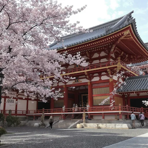 Prompt: Senso-ji Temple in Asakusa, Tokyo, Japan, cherry blossom trees, traditional Japanese architecture, peaceful and detailed, photorealistic