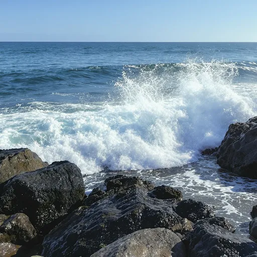 Prompt: Watching the ocean waves hit up against the rocks