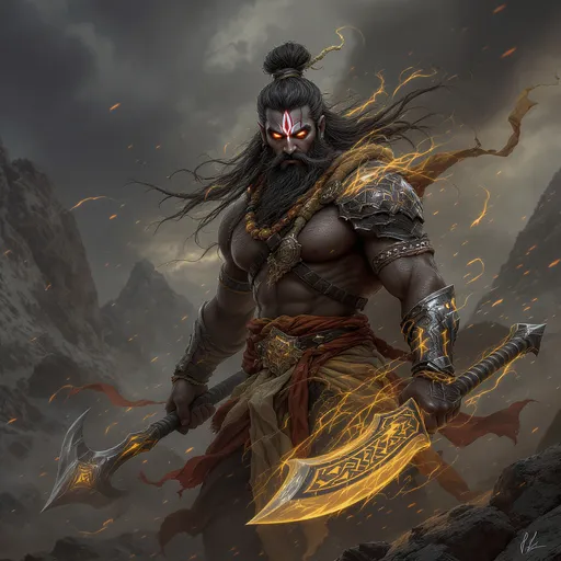 Prompt: “A fierce warrior sage with long matted hair tied back, glowing eyes of divine power, wearing simple sage robes with armor details, carrying an axe (Parshu) glowing with celestial aura, muscular build yet ascetic, sandalwood tilak on forehead, divine yet terrifying presence, aura of tapasya and destruction.”