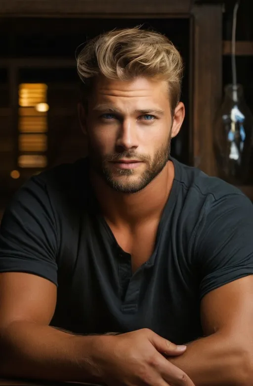Prompt: A front-facing close-up portrait of a man in his late 20s to early 30s with a strong, chiseled facial structure, square jawline, defined cheekbones, and a slightly cleft chin. He has piercing light blue eyes, wide
 with balanced spacing, framed by natural brows. His lips are full with a defined upper lip. His skin tone is lightly tanned, warm, and healthy with subtle natural imperfections and texture visible. He has thick, wavy, dirty-blond hair styled back with volume and a short, well-groomed beard that frames his jawline. The upper chest and shoulders show a broad, athletic build. Photographed as a front-facing close-up portrait on an 85mm f/1.4 lens, studio photography, shallow depth of field, HDR, UHD, 64k, highly detailed with visible pores and fine textures, clean white studio background, neutral and positive expression.