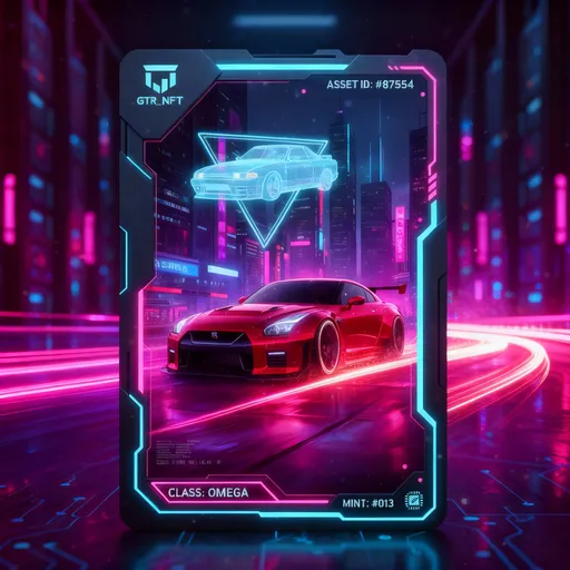 Prompt: A stunning red sports car, reminiscent of a Nissan GT-R, takes center stage against a vibrant, neon-lit urban backdrop, evoking a futuristic atmosphere. The surrounding cityscape is adorned with towering skyscrapers, their façades glowing with pink and purple hues, reflecting a nighttime ambiance that hints at an electric energy. Hovering above the car is a translucent outline of a classic car, framed within a geometric holographic triangle, symbolizing speed and nostalgia. The visual composition is enhanced by dynamic light trails emanating from the car's tires, suggesting motion and excitement, while the sleek design and high-tech digital interface contribute to an overall cyberpunk aesthetic. The artwork, identified as an NFT, combines elements of racing culture with digital artistry, encapsulating a blend of modernity and timeless style.