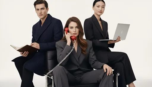 Prompt: This is a cinematic, high-fashion photograph featuring three individuals standing against a plain white background close together. The central figure is a woman with long brown hair, wearing a sleek, tailored suit. She is seated in a modern black leather chair and holds a red rotary telephone to her ear with a white coiled cord. To her left, a man+ wears a stylish navy pin stripe coat and holds a notebook, his expression calm and composed. On the right, a woman with fair skin and black hair stands holding a laptop. The lighting is soft, diffused, and moody — inspired by Tom Ford campaign photography and GQ editorials — with gentle highlights that reveal the tactile richness of fabric and material. The color palette is muted and sophisticated, with tones of cream, black, and warm neutrals creating a cinematic depth against the minimalist backdrop. The image has a luxurious, tactile quality with matte textures and natural contrast. The overall aesthetic is modern, editorial, and refined, conveying quiet confidence and understated power in the style of Vogue and GQ.
