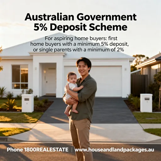 Prompt: Can you add this test onto a parent holding a baby in front of a brand new single story house , 

Australian Government 5% Deposit Scheme

The Australian Government 5% Deposit Scheme is for aspiring home buyers first home buyers with a minimum 5% deposit, or single parents with a minimum of 2%.

Phone 1800REALESTATE
www.houseandlandpackages.au

