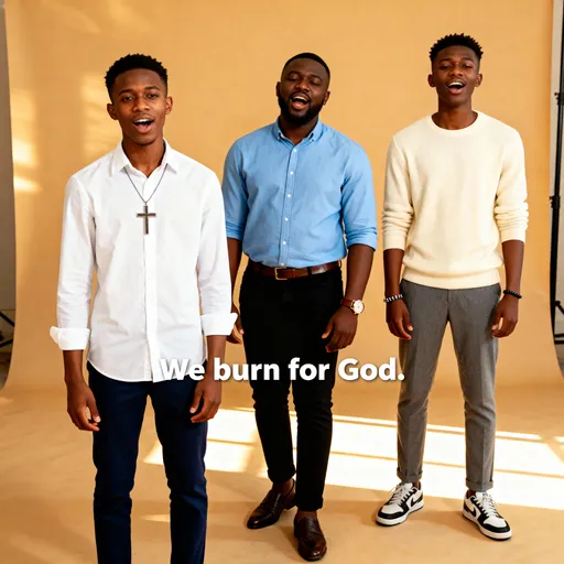 Prompt: Three young Black men sing in a sunlit studio facing the camera. Ope, 24, lean, white shirt, navy trousers, cross pendant. Covenant, 26, broad, sky-blue shirt, black chinos, leather watch. Fisayo, 22, tall, cream pullover, gray trousers, sneakers, bracelet. United, they declare: We burn for God.