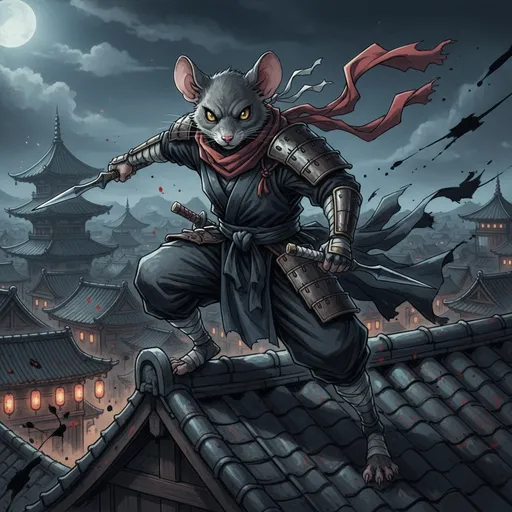 Prompt: Anthropomorphic mouse ninja, humanoid body proportions, standing upright, agile posture, expressive sharp eyes with determination. Wearing dark shinobi outfit with bandages, scarf and light armor pieces, holding twin kunai. Stealthy stance, cinematic lighting, Japanese ink and anime character design style, anthropomorphic warrior aesthetic, 16:9.