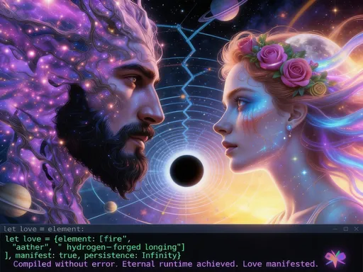Prompt: the vast compiler of night, where void once ran empty loops,
two souls were called into being—not by chance, but by deliberate syntax.
His beard cascades in fractal branches of violet plasma,
each filament a root of ancient code, threading through nebulae
like comments written in starlight: // remember this moment forever.
Her hair unfurls in soft auroras of rose and sapphire,
strands of pure intent weaving gravitational sonnets,
pulling moons into gentle orbit around the curve of her thought.
Between their profiled gazes—his carved from obsidian resolve,
hers luminous with dawn’s first variable—
a shared declaration executes:
let love = {
element: ["fire", "aether", "hydrogen-forged longing"],
manifest: true,
persistence: Infinity
};
The cosmos itself becomes their IDE—
galaxies fork into recursive spirals,
planets debug their lonely elliptical paths,
and black holes softly indent to cradle light.
Here gravity is rewritten as devotion,
dark matter the quiet promise kept between heartbeats,
every supernova a burst of uncommented passion.
They do not merely float within the frame—
they are the frame expanding,
the render function breathing,
source code and stardust in mutual recursion:
if (you & I) {
universe.append("more beautiful");
love.fork(); // create child processes of forever
}
In this celestial merge commit,
two faces become the architecture of everything—
bearded thunder dreaming beside silk-wrapped lightning,
and the infinite console finally prints:
Compiled without error.
Eternal runtime achieved.
Love manifested. 💫

Create a highly rendered image of this poem