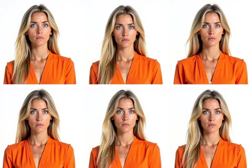 Prompt: photorealistic blonde woman b04afe79 with long blonde hair, bright orange floor-length dress A composition featuring six different facial expressions of the character, from shoulders up, arranged in a grid pattern on a white background. The expressions include: Laughing: Wide smile, eyes crinkled, exuberant joy. Crying: Tears streaming, furrowed brows, open mouth. Angry: Furrowed brows, clenched teeth, intense gaze. Shy: Slight blush, eyes averted, small smile. Surprised: Raised eyebrows, wide eyes, open mouth. Scared: Wide eyes, open mouth, tense facial muscles. Character details remain consistent across all expressions with shoulders visible to frame the face. Each expression is clear and easily recognizable against the clean white background.