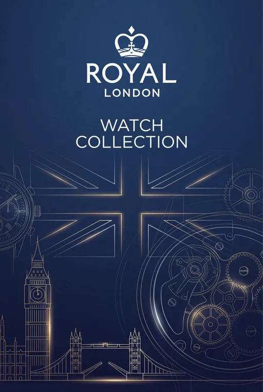 Prompt: Create a Front Cover for a Portrait A4 Watch Manufacturers catalogue. The cover should be simple with just the logo, the title "Watch Collection" and it should be Classy, Simple, Technical and can contain a scene of London and the Union Jack Flag.