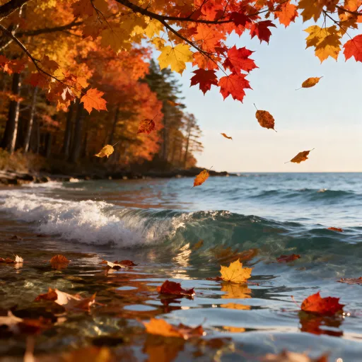 Prompt: Ocean near a forest, leaves falling off and landing in the water. Autumn colors and theme