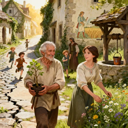 Prompt: create me some townsfolk that live in a fantasy land village that look hopeful to have their land restored to a once thriving village
