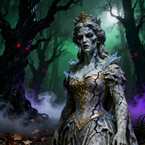 Prompt: create me a statue that was once a beautiful princess, now evil due to a curse by an evil sorcerer, dark in appearance now frozen in an evil enchanted forest.  
