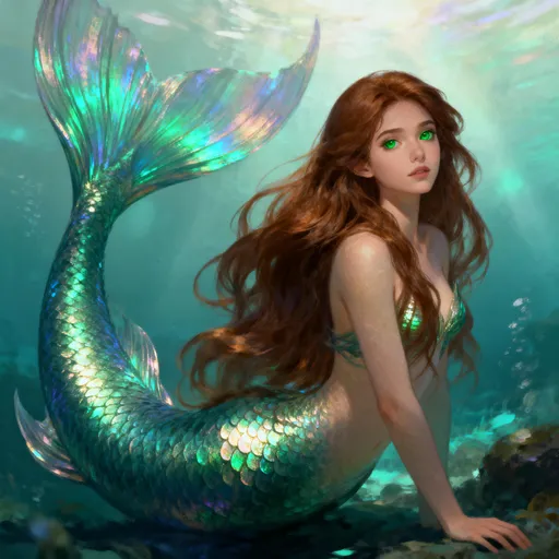 Prompt: create me a mermaid with long shimmering hair brown and a glistening powerful tail, eyes emerald green
