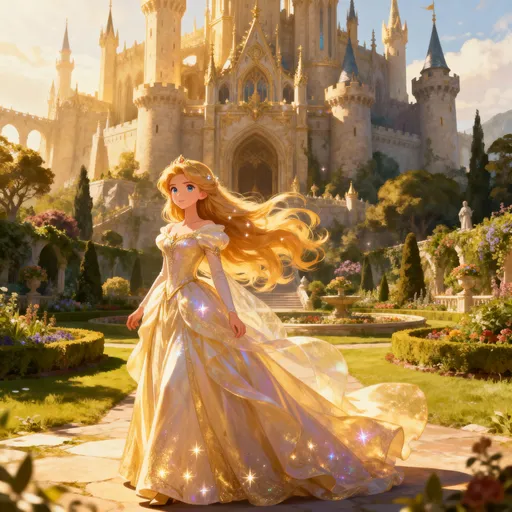 Prompt: create me a powerful princess with  flowing gown. Has human appearance Long flowing hair, petite, sparkling eyes a confident stature, with a kingdom behind her
