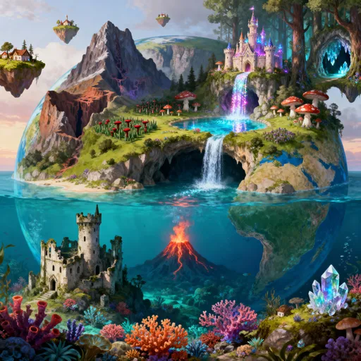 Prompt: Create an earth that has an underwater kingdom featuring a ruined castle, underwater volcanoe and colourful reef, and up above ground there is a fairytale land with a mountain cursed canyon, poisonous mushroom field, a magical castle that has a sparkling waterfall in to a cave pool linking to the underwater kingdom, an enchanted forest boasting a crystal cave at the entrance to the forest. Floating around this earth are other small islands that are inhabited