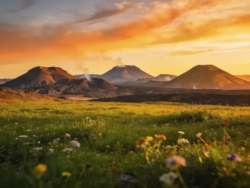 Prompt: A sweeping view of mountins and volcanos.  In the foreground there is a field but an the mid distance and far distance there are multiple volcanic peaks