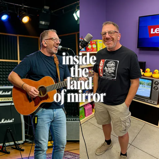 Prompt: @Lpy4t2vR6G1kjMytAKCU Is releasing his first album titled inside the land of mirror. I want an album cover showing @Lpy4t2vR6G1kjMytAKCU as ac musician inside the mirror but out as an ordinary man - depicting the transformation music gave me And how it is present in my life today as a second reality. 