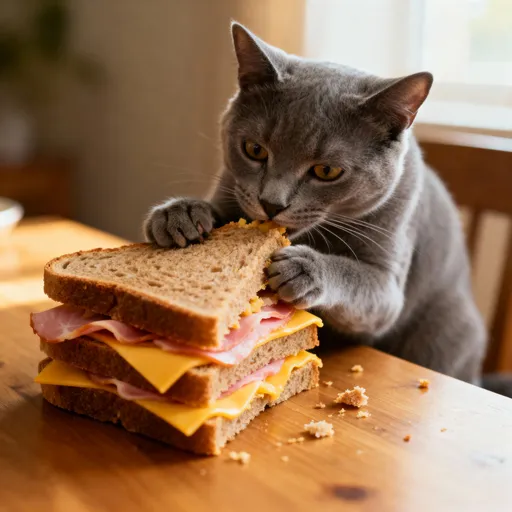 Prompt: A cat sitting in a table eating a sandwich