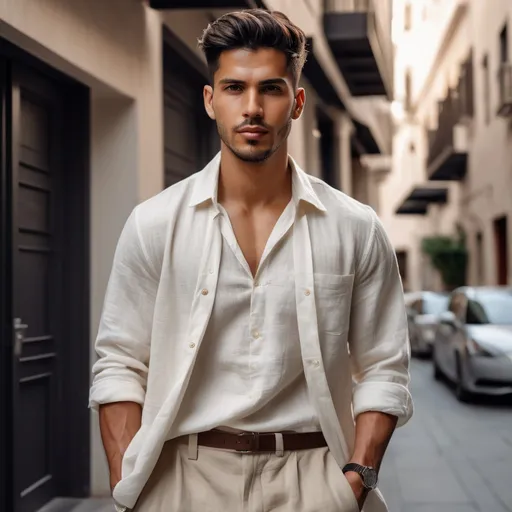Prompt: A 28-year-old male influencer with Mediterranean features — olive skin, sharp jawline, light stubble, and tousled dark brown hair styled naturally back. He has hazel eyes and a calm, confident expression. Dressed in an off-white linen shirt slightly unbuttoned, tailored beige trousers, and minimalist white sneakers. A sleek silver watch peeks from his wrist.

He stands on a rooftop terrace overlooking the Amalfi Coast at golden hour — warm sunlight brushing against his skin, sea breeze gently moving his shirt. Behind him, pastel houses and a calm blue sea shimmer in the fading light. His posture is relaxed, one hand in pocket, the other holding a small espresso cup, as if caught mid-thought before a shoot.

The style is hyper-realistic cinematic fashion photography, with soft natural lighting, warm tones, shallow depth of field, subtle bokeh, and a slightly grainy texture for realism.
Shot on Fujifilm X-T30, 35mm lens.