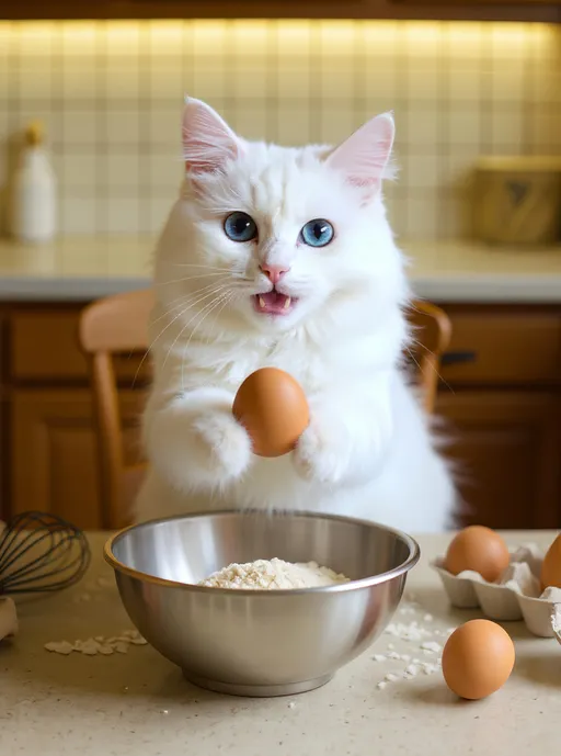 Prompt: A playful kitchen scene featuring a pure white, long-haired cat with striking bright blue eyes standing upright on a wooden chair positioned behind a white kitchen counter. The cat’s lower body and hind legs are hidden behind the counter, revealing only its upper body from the belly upward. Its fur is thick, fluffy, and pristine white, covering its upper body and front legs, with a full, bushy tail partially visible curling to its right side. The cat has pink inner ears, a small pink nose, and large, round, vivid blue eyes that contrast beautifully with its pure white fur. Its expression is cheerful, with its mouth slightly open and a small pink tongue visible as if happily focused on baking.

In front of the cat, on the countertop, sits a large stainless steel mixing bowl filled with flour. The cat holds a single uncracked brown chicken egg with both front paws. Its real feline paw pads and lightly visible claws grip the egg naturally between the inner pads of both paws, pressing it gently against the rim of the bowl as if about to crack it. There are clear contact points where the paws touch the egg and where the egg meets the bowl rim and inside edge. Neither paw rests on the counter.

Other baking props are present but secondary: a whisk lying on the counter, a paper bag of flour, and an open carton of brown eggs with several empty sockets. The background shows a warm, softly lit kitchen with tiled backsplash and wooden cabinets blurred by shallow depth of field.

Camera: eye-level, medium close-up framing centered on the cat’s face and paws above the counter. Depth of field shallow enough to blur the background while keeping both paws, the egg, and the bowl rim tack sharp.

Natural feline anatomy only — no human-like features. The mood is whimsical and realistic, as if this beautiful white cat is earnestly helping with baking from behind the counter.