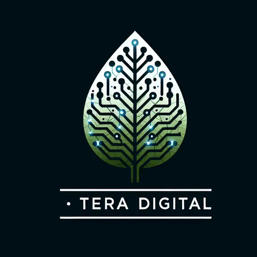 Prompt: "Minimalist logo, a single leaf where the veins are intricate, glowing circuit board pathways. The style is clean, modern, and tech-infused. The text 'TERRA DIGITAL' is below in a bold, modern, sans-serif font. Color palette: deep green and white. Background: transparent. --style raw --v 6.0"