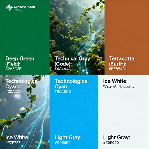 Prompt: "Create a professional color palette presentation video that showcases a balanced color scheme evoking both earth/growth and technology/innovation.
The presentation must feature these exact colors:
Primary Colors:
    • Deep Green (Field): #2A5C3F - representing sustainability, nature, and rural richness. This is the anchor color.
    • Technical Gray (Code): #4A4A4A - representing technology, precision, and sophistication. Main color for text.
Secondary Colors:
    • Terracotta (Earth): #BF6B4C - a warm, welcoming color evoking Portuguese soil, adding human energy.
    • Technological Cyan (Data): #00A8C6 - representing water, data flow, AI, and digital clarity. Creates vibrant modern contrast.
Neutral Colors:
    • Ice White: #F7F7F7 - for backgrounds, maximum legibility and clean feeling.
    • Light Gray: #E0E0E0 - for subtleties, dividers, and secondary backgrounds.
Show each color prominently with their hex codes displayed. Create smooth transitions between colors, demonstrating how they work together harmoniously. Include subtle animations that reflect the dual nature of organic growth and digital technology. Use clean, modern typography and professional layout design."