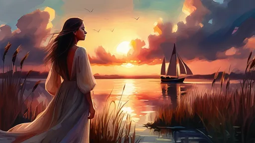 Prompt: Stylized rough impressionistic painting with large palette-knife
A stunning digital watercolor painting of a serene waterscape at dramatic sunset with a sailboat. In the foreground, a young woman in flowing dress stands among tall reeds and marsh grass, her face turned toward the sky with a peaceful, contemplative expression, eyes half-closed in quiet reverence. Her posture is relaxed yet elegant, one hand gently touching the swaying reeds. A majestic two-masted sailing vessel with billowing sails silhouetted against an explosive sunset sky occupies the middle ground. The background features a spectacular apocalyptic sunset with layered clouds in deep crimson, fiery orange, golden yellow, and dark blue-black tones. A large luminous sun or moon breaks through dramatic cloud formations with small birds flying across. Water surface reflects the vibrant sky with vertical brushstrokes. Foreground reeds and marsh grasses in warm ochre, amber, and burgundy tones frame the composition. Artistic style: digital painterly technique combining watercolor softness with oil painting texture, romantic realism meets fantasy illustration, inspired by Aivazovsky seascapes with modern concept art color intensity. Atmosphere: melancholic beauty, transitional moment between worlds, peaceful journey. High detail in foreground vegetation, softer impressionistic treatment of sky and clouds, dramatic lighting with backlit silhouettes, warm-cool color temperature contrast.
