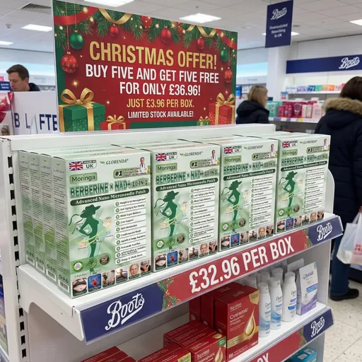 Prompt: 在英国boots要店里的货架上摆放着一排图二的产品，并标价原价为32.96英镑一盒，促销牌子上写着：圣诞优惠买五送五只需36.96英镑，每盒仅需3.96英镑，库存有限！