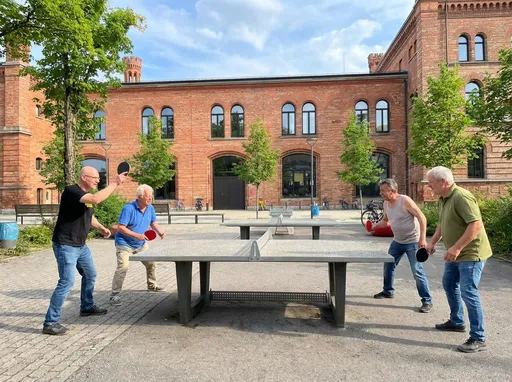 Prompt: The four guys are playing Table Tennis at an outdoor location against each other.
