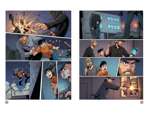 Prompt: I’ve sent you two colored images of two characters, one is a boy and the other is his father. I’ve also sent you an initial sketch page, which contains a sketch of two comic pages. I want you to finalize the comic page by coloring it based on the sketch page and the characters I provided, and deliver it to me in full. The scene takes place at night. The style should be similar to Marvel and DC comics.