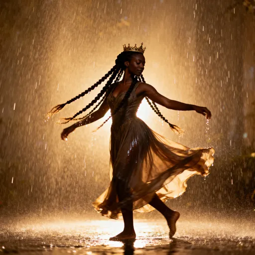 Prompt: A beautiful black queen with long braids dancing in the rain