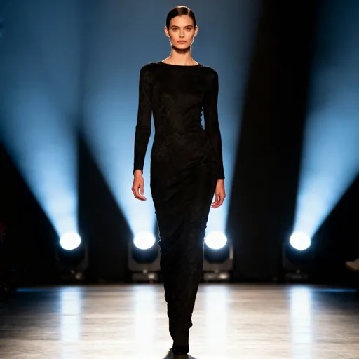 Prompt: woman style model walking on a cat walk stage
