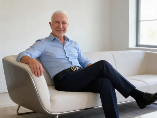 Prompt: @fScONy9xIPfwYY82fAQZ is wearing a  light blue fitted button down shirt  with tailored dark navy dress pants and a gucci belt sitting with one leg crossed on a upscale light colored modern sofa in a light and airy upscale living room with natural light coming through the window.    He appears to be having a conversation on camera.    create image photorealistic 