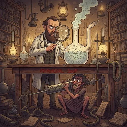 Prompt: A cartoon-style scene set in a cluttered 19th-century laboratory. Serious-looking Louis Pasteur stands at a wooden workbench, conducting an experiment with a clear liquid boiling in a large glass beaker shaped like a swan. Warm, flickering lamplight fills the room with a golden glow. Pasteur leans forward, peering intently through a magnifying glass at the swan-shaped beaker, his expression focused and scientific.

Beneath the table, a disheveled and manic-looking Aristotle hides in the shadows, secretly injecting a mysterious liquid into the beaker using a huge syringe labeled “Campbell’s Soup,” with the words crossed out and “Primordial Soup” scrawled messily underneath. The man under the table is pushing the needle thru the table into the glass beaker

The tone is darkly humorous and surreal, with expressive cartoon animation, exaggerated facial expressions, and detailed period textures.
